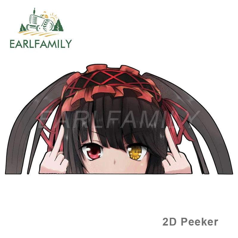 EARLFAMILY Cartoon Car Sticker for Kurumi Tokisaki Peeker Big Head Anime Vinyl Window Trunk Stickers Car Accessories