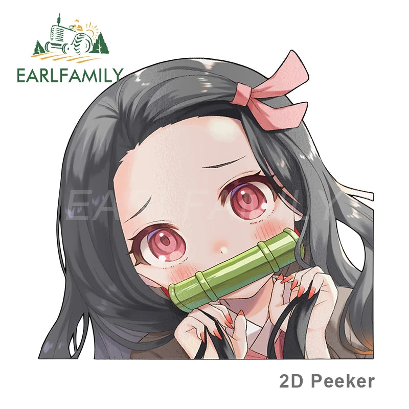 EARLFAMILY Cartoon Car Sticker for Nezuko Kamado Peeker Big Head Anime Vinyl JDM Rear Windshield Trunk Stickers