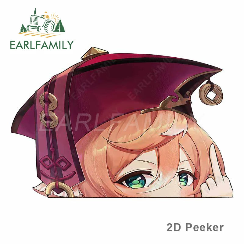 EARLFAMILY Yanfei Middle Finger Peeker Car Sticker Big Head Genshin Impact Vinyl JDM Window Trunk Decal Cartoon Peek Car Styling