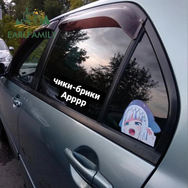 EARLFAMILY Cartoon Car Sticker for Gawr Gura Hololive Peeker Peek Anime Vinyl Stickers JDM Window Trunk Bumper Car Accessories
