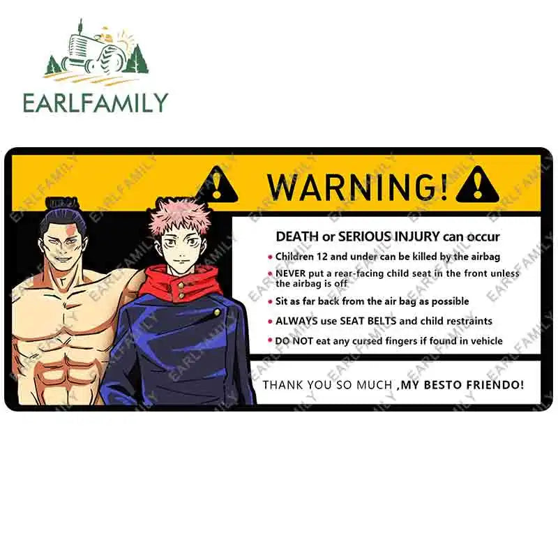 EARLFAMILY 15cm x 7cm Creative Warning Car Sticker for Itadori Yuji Decal Cartoon Anime Vinyl JDM Window Trunk Stickers