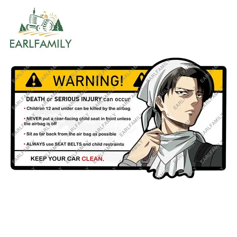 EARLFAMILY 15cm x 8.4cm Creative Warning Car Sticker for Levi Ackerman Decal Cartoon Anime Vinyl JDM Window Trunk Stickers