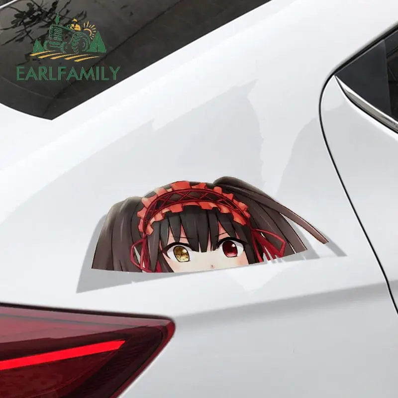 EARLFAMILY Cartoon Car Sticker for Kurumi Tokisaki Peeker Big Head Anime Vinyl Window Trunk Stickers Car Accessories