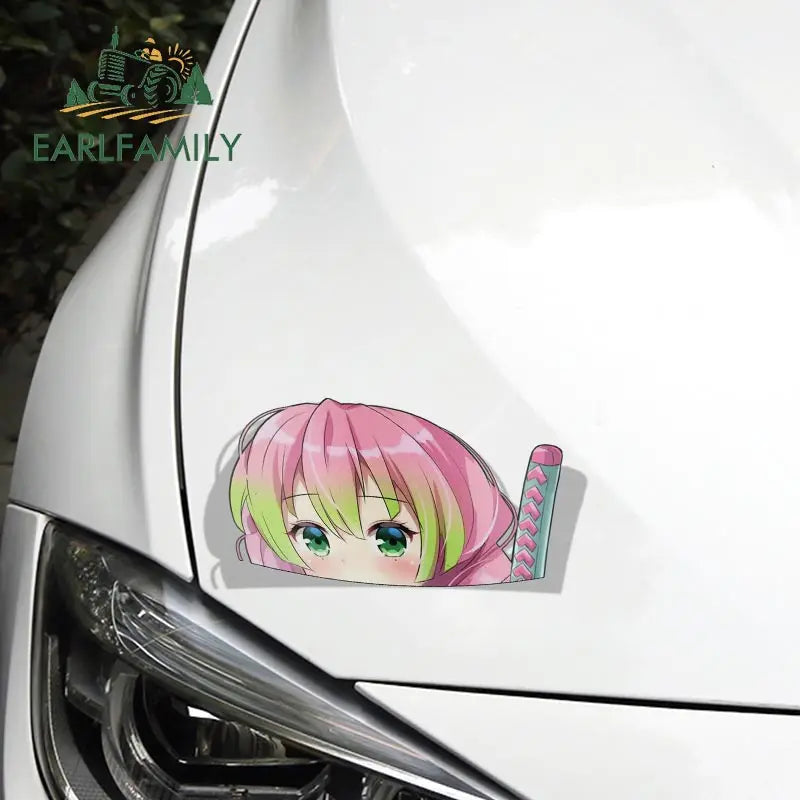 EARLFAMILY 13cm x 8.3cm for Mitsuri Kanroji Peek Anime Big Head Vinyl Cartoon Car Sticker JDM Window Trunk Decal