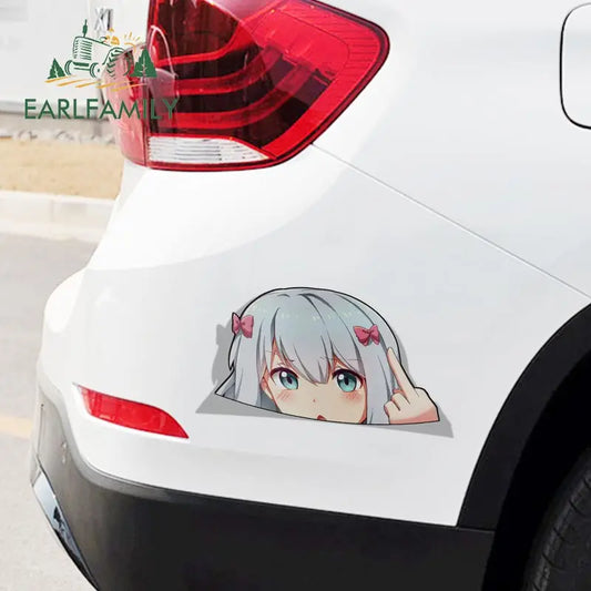 EARLFAMILY 13cm x 8.2cm Cartoon Car Sticker for Izumi Sagiri Eromanga Sensei Peek Big Head Anime Vinyl JDM Window Trunk Decal