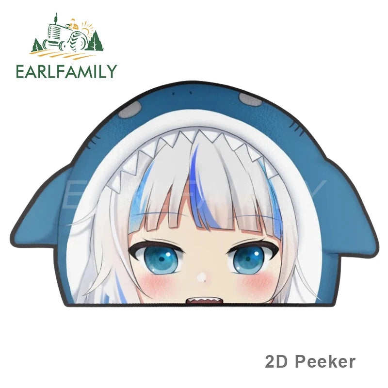 EARLFAMILY Cartoon Car Sticker for Gawr Gura Hololive Peeker Peek Anime Vinyl Stickers JDM Window Trunk Bumper Car Accessories