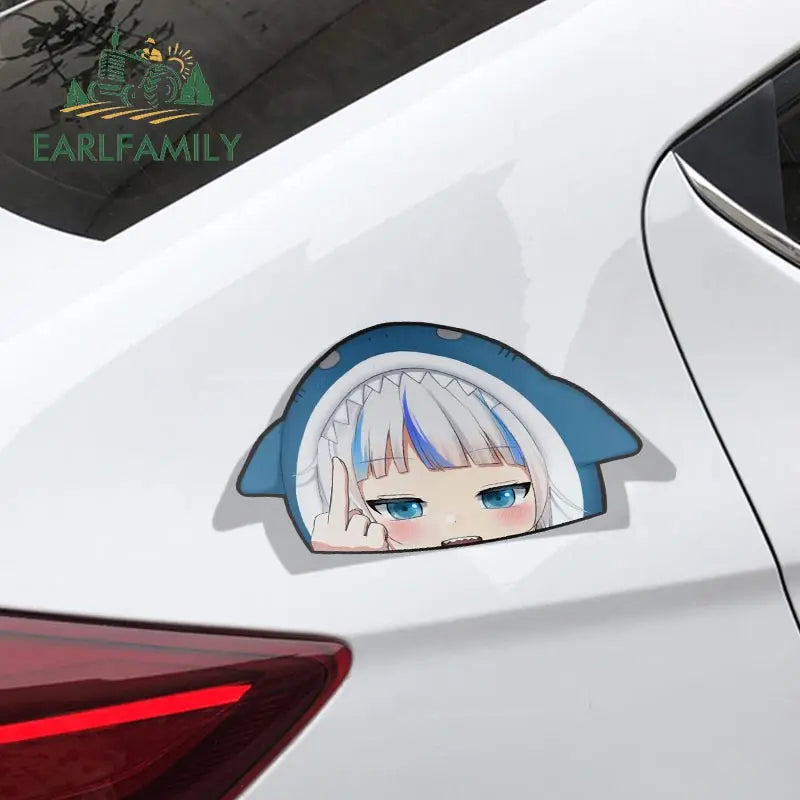 EARLFAMILY Cartoon Car Sticker for Gawr Gura Hololive Peeker Peek Anime Vinyl Stickers JDM Window Trunk Bumper Car Accessories