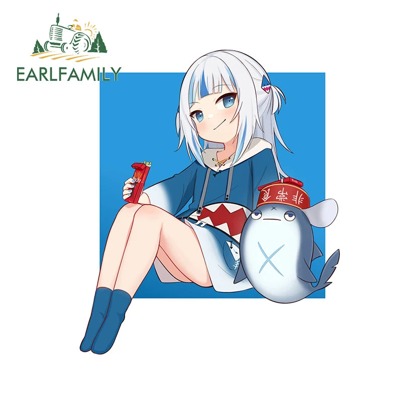 EARLFAMILY Cartoon Gawr Gura Hololive Car Sticker Fuel Tank Cap Sticker Cover Scratches Waterproof Decal Auto Motorcycle Decor