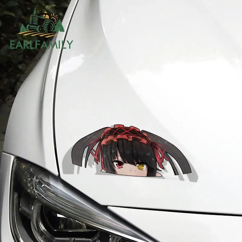 EARLFAMILY Cartoon Car Sticker for Kurumi Tokisaki Peeker Big Head Anime Vinyl Window Trunk Stickers Car Accessories