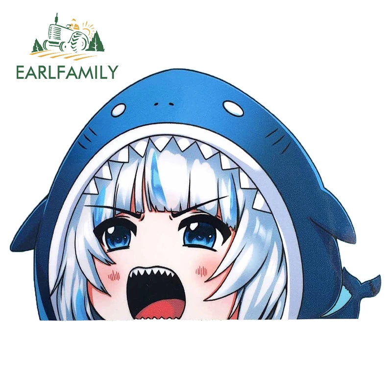 EARLFAMILY Cartoon Car Sticker for Gawr Gura Hololive Peeker Peek Anime Vinyl Stickers JDM Window Trunk Bumper Car Accessories