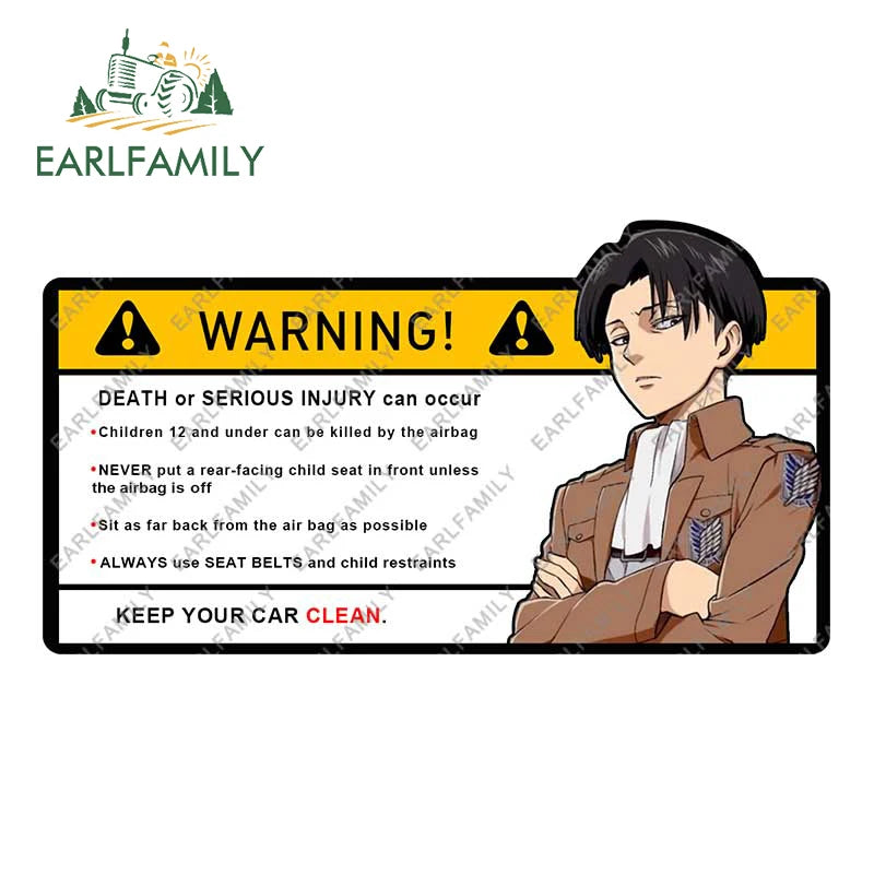 EARLFAMILY 15cm x 8.4cm Creative Warning Car Sticker for Levi Ackerman Decal Cartoon Anime Vinyl JDM Window Trunk Stickers