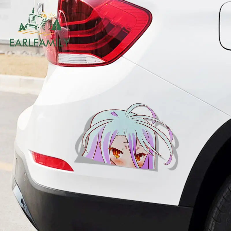 EARLFAMILY Car Sticker for Shiro No Game No Life Peeker Big Head Anime Vinyl Rear Windshield Trunk Stickers Car Accessories