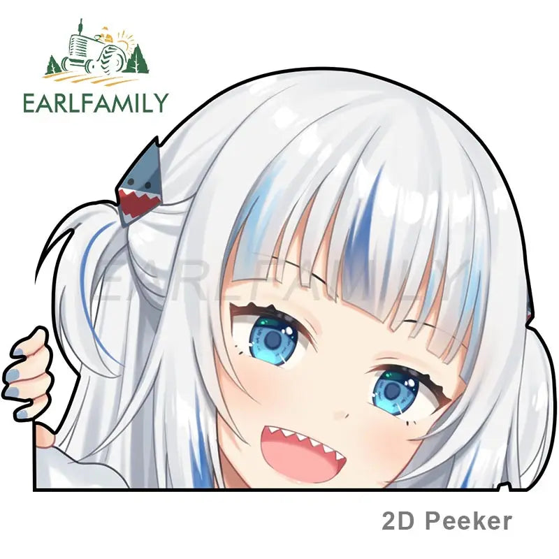 EARLFAMILY Cartoon Car Sticker for Gawr Gura Hololive Peeker Peek Anime Vinyl Stickers JDM Window Trunk Bumper Car Accessories