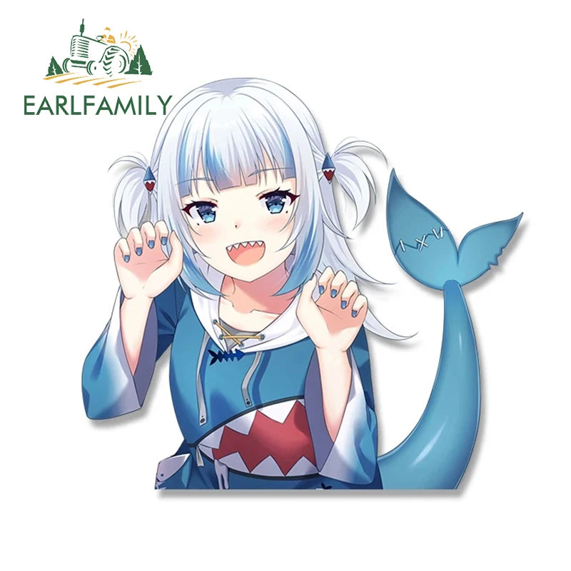 EARLFAMILY Cartoon Gawr Gura Hololive Car Sticker Fuel Tank Cap Sticker Cover Scratches Waterproof Decal Auto Motorcycle Decor