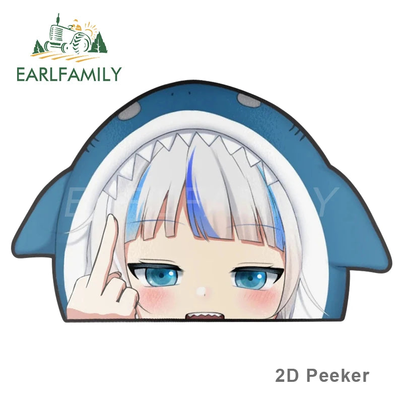 EARLFAMILY Cartoon Car Sticker for Gawr Gura Hololive Peeker Peek Anime Vinyl Stickers JDM Window Trunk Bumper Car Accessories