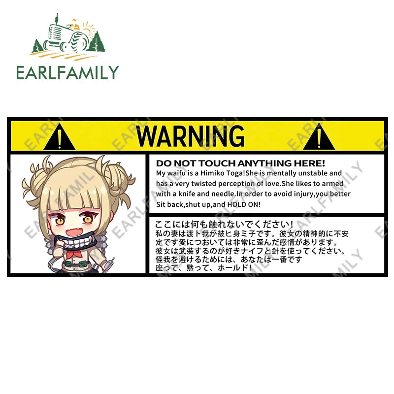 EARLFAMILY 13cm x 7.5cm Himiko Toga Warning Slap Stickers Anime Vinyl Car Sticker Window Decal Car Accessories