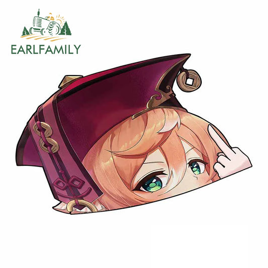 EARLFAMILY Yanfei Middle Finger Peeker Car Sticker Big Head Genshin Impact Vinyl JDM Window Trunk Decal Cartoon Peek Car Styling