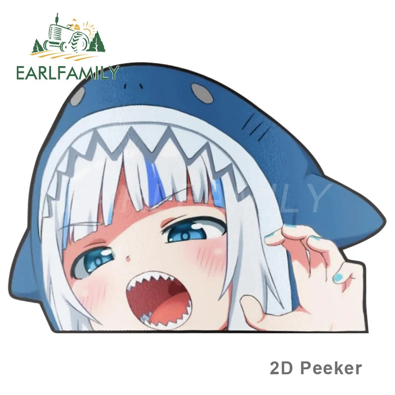EARLFAMILY Cartoon Car Sticker for Gawr Gura Hololive Peeker Peek Anime Vinyl Stickers JDM Window Trunk Bumper Car Accessories