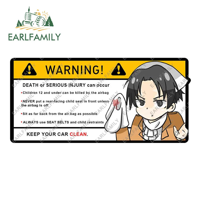 EARLFAMILY 15cm x 8.4cm Creative Warning Car Sticker for Levi Ackerman Decal Cartoon Anime Vinyl JDM Window Trunk Stickers