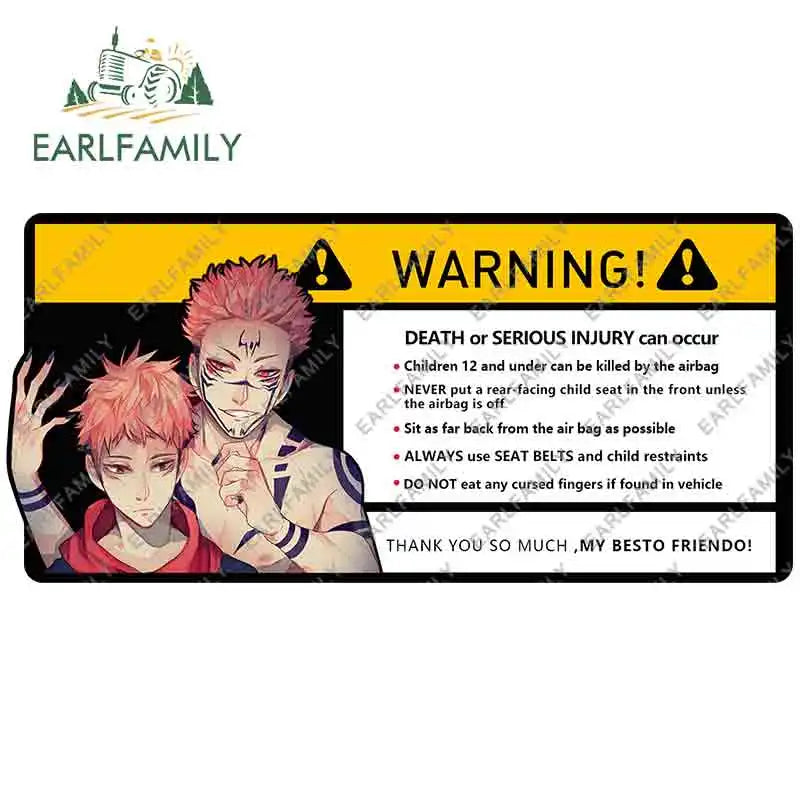 EARLFAMILY 15cm x 7cm Creative Warning Car Sticker for Itadori Yuji Decal Cartoon Anime Vinyl JDM Window Trunk Stickers
