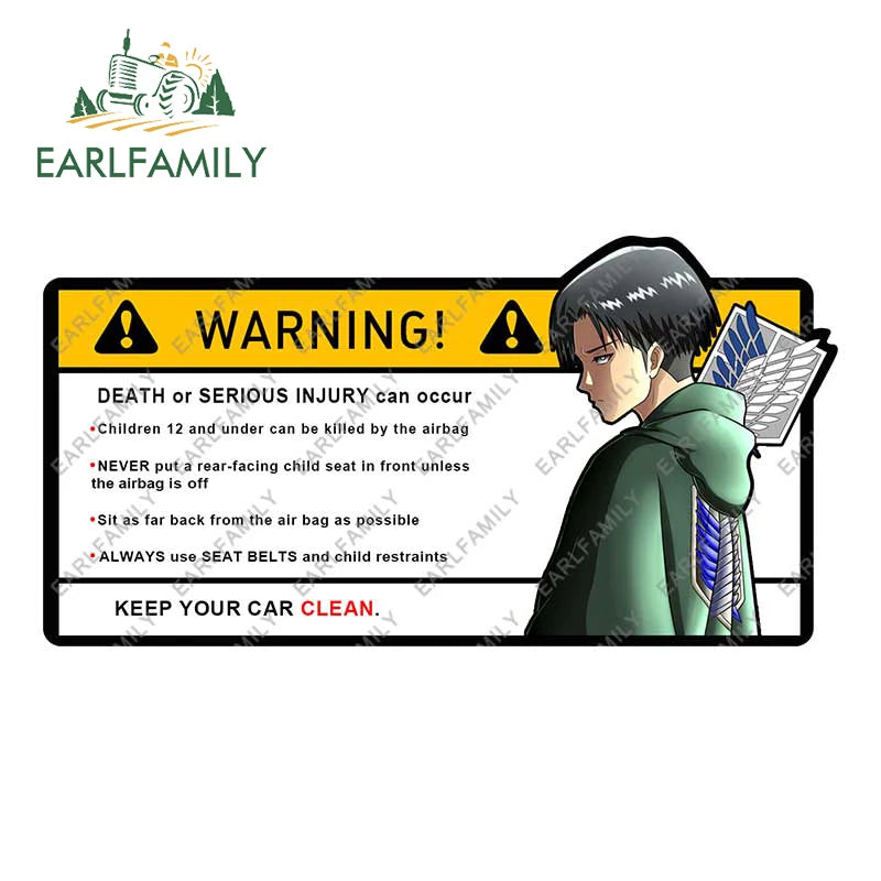 EARLFAMILY 15cm x 8.4cm Creative Warning Car Sticker for Levi Ackerman Decal Cartoon Anime Vinyl JDM Window Trunk Stickers