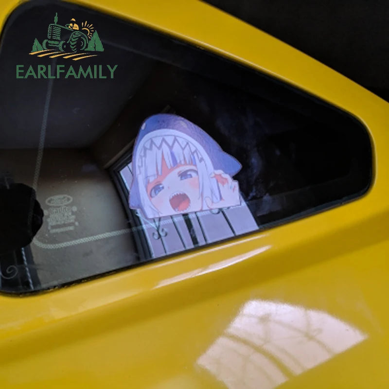 EARLFAMILY Cartoon Car Sticker for Gawr Gura Hololive Peeker Peek Anime Vinyl Stickers JDM Window Trunk Bumper Car Accessories