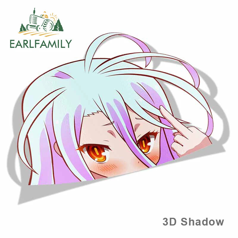 EARLFAMILY Car Sticker for Shiro No Game No Life Peeker Big Head Anime Vinyl Rear Windshield Trunk Stickers Car Accessories