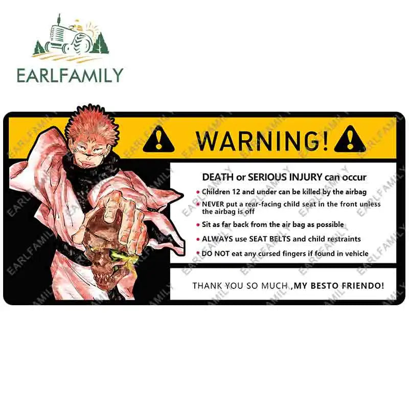 EARLFAMILY 15cm x 7cm Creative Warning Car Sticker for Itadori Yuji Decal Cartoon Anime Vinyl JDM Window Trunk Stickers