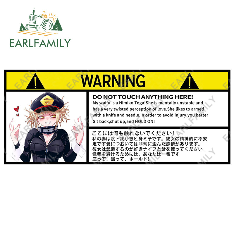 EARLFAMILY 13cm x 7.5cm Himiko Toga Warning Slap Stickers Anime Vinyl Car Sticker Window Decal Car Accessories