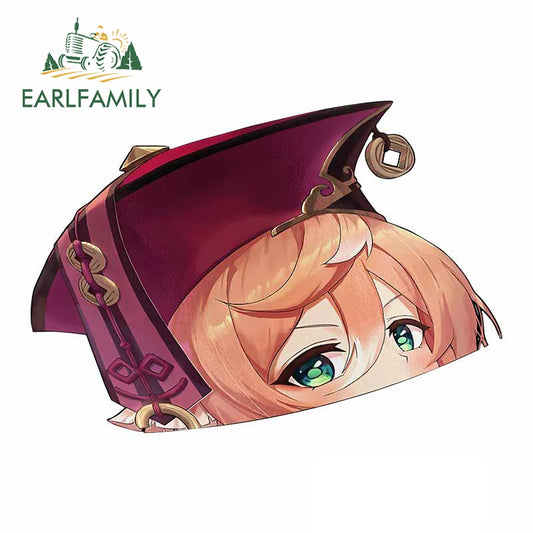 EARLFAMILY Yanfei Middle Finger Peeker Car Sticker Big Head Genshin Impact Vinyl JDM Window Trunk Decal Cartoon Peek Car Styling