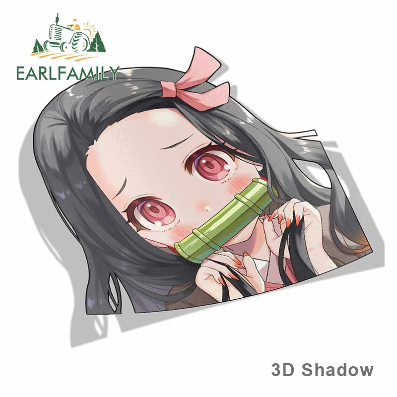 EARLFAMILY Cartoon Car Sticker for Nezuko Kamado Peeker Big Head Anime Vinyl JDM Rear Windshield Trunk Stickers