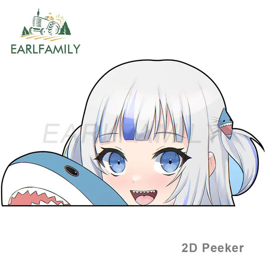 EARLFAMILY Original Cartoon Design Gawr Gura Peek Car Sticker Anime Shark Decal for Window Bumper Trunk Decoration Funny Graphic