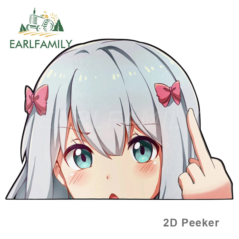 EARLFAMILY 13cm x 8.2cm Cartoon Car Sticker for Izumi Sagiri Eromanga Sensei Peek Big Head Anime Vinyl JDM Window Trunk Decal