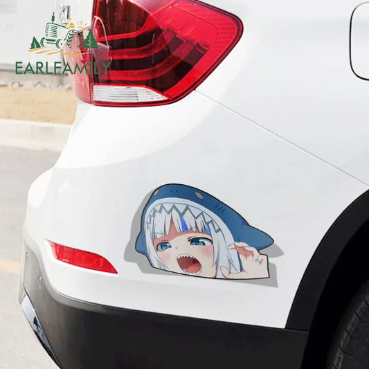 EARLFAMILY Cartoon Car Sticker for Gawr Gura Hololive Peeker Peek Anime Vinyl Stickers JDM Window Trunk Bumper Car Accessories