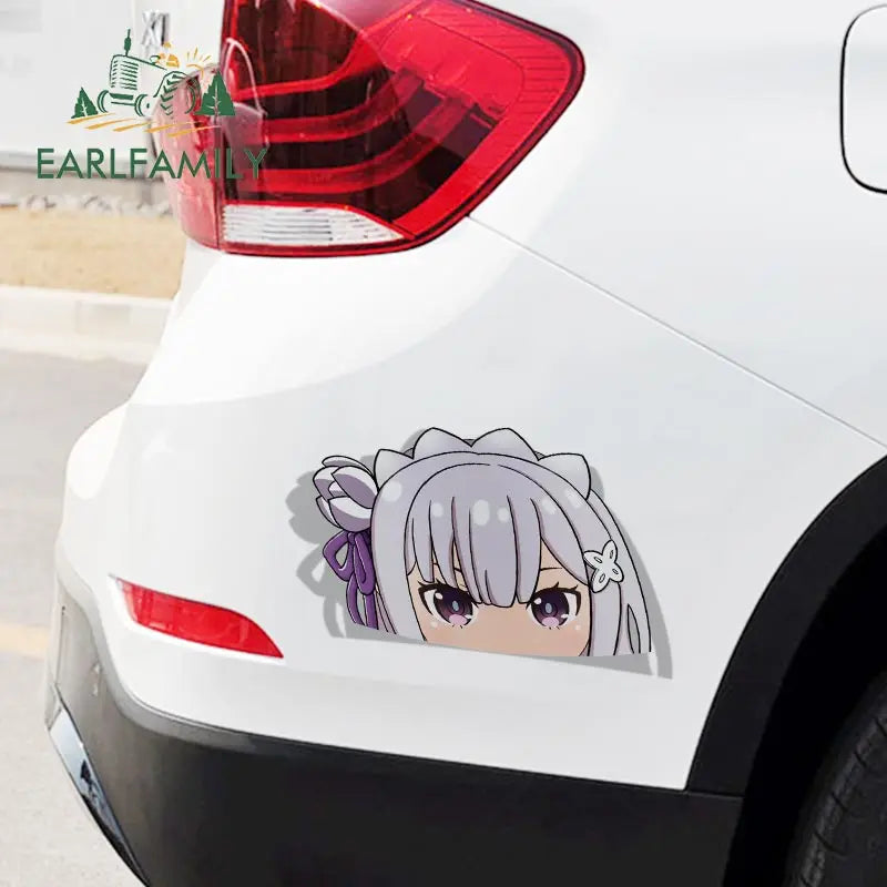 EARLFAMILY Cartoon Car Sticker for Emilia Peeker Big Head Anime Vinyl JDM Window Trunk Laptop Wall Decal Car Accessories