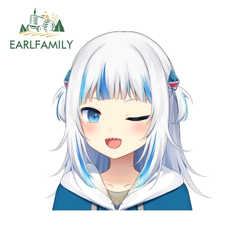 EARLFAMILY Cartoon Gawr Gura Hololive Car Sticker Fuel Tank Cap Sticker Cover Scratches Waterproof Decal Auto Motorcycle Decor