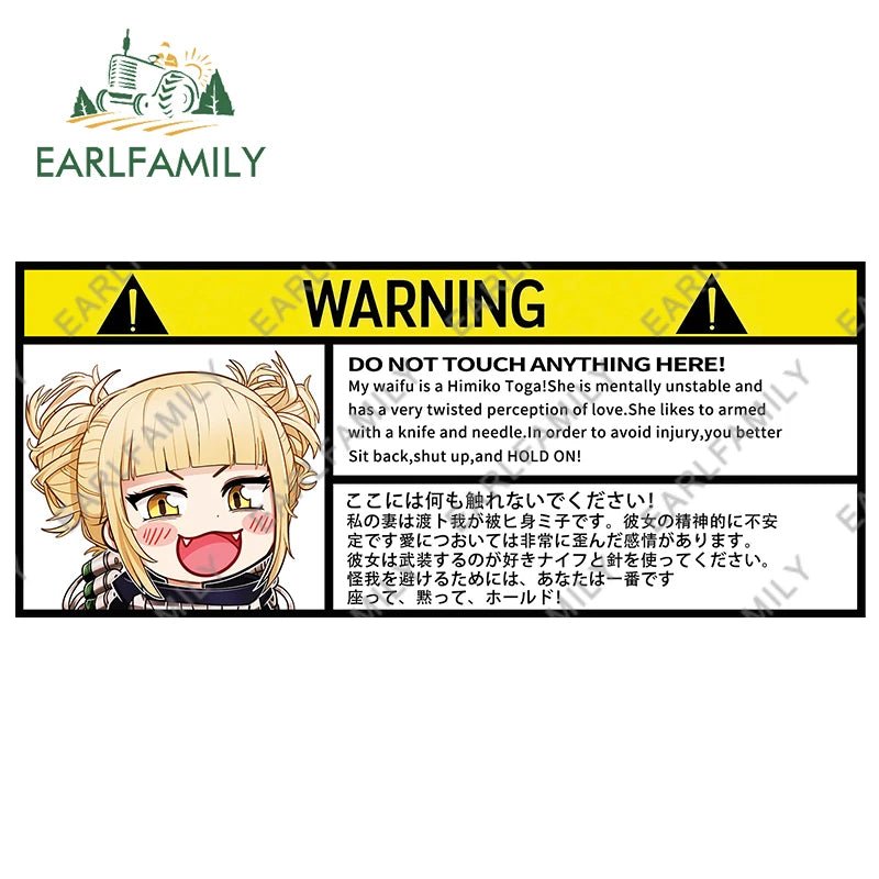 EARLFAMILY 13cm x 7.5cm Himiko Toga Warning Slap Stickers Anime Vinyl Car Sticker Window Decal Car Accessories