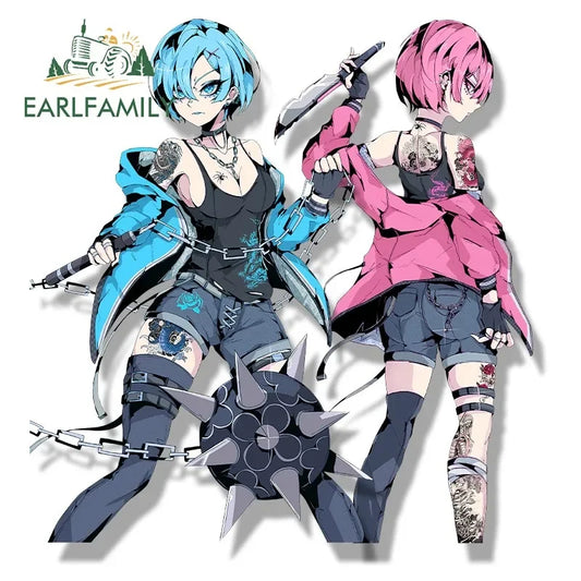 EARLFAMILY Street Punk Rem & Ram Fanart Car Sticker Anime Waifu Decal JDM Cartoon Peek Girl Stickers Funny Car Styling