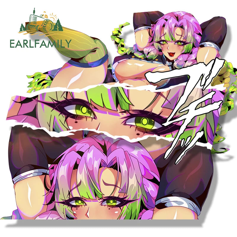EARLFAMILY Ahegao Kanroji Mitsuri Fanart Car Sticker Anime Chibi Big Head Waifu Decal NSFW Cartoon Peek Girl Slap Stickers