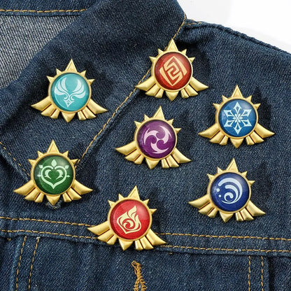 Genshin Impact Brooch – Luminous 7 Element Vision Badge, Metal Anime Pin Prop for Cosplay, Collectible & Gifts