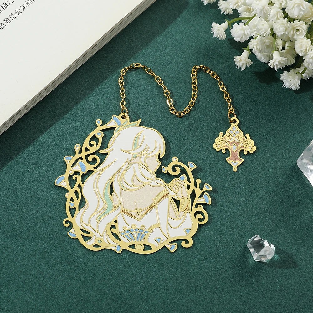 Genshin Impact Metal Bookmarks – Elegant Hollow-Out Chain Pendant, Collectible Souvenir Gift