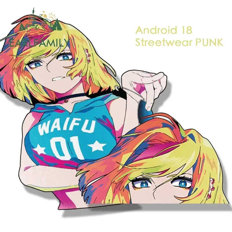 EARLFAMILY Streetwear Android 18 Fanart Car Sticker Anime Sketch Waifu DIY Decal Cartoon Peeker Girl Stickers Car Accessories
