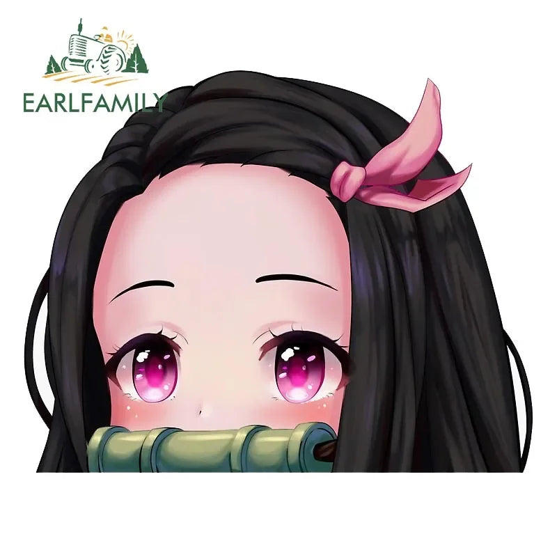 EARLFAMILY Cartoon Car Sticker for Nezuko Kamado Peeker Big Head Anime Vinyl JDM Rear Windshield Trunk Stickers