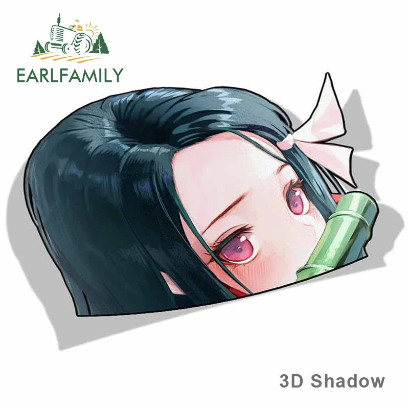 EARLFAMILY Cartoon Car Sticker for Nezuko Kamado Peeker Big Head Anime Vinyl JDM Rear Windshield Trunk Stickers