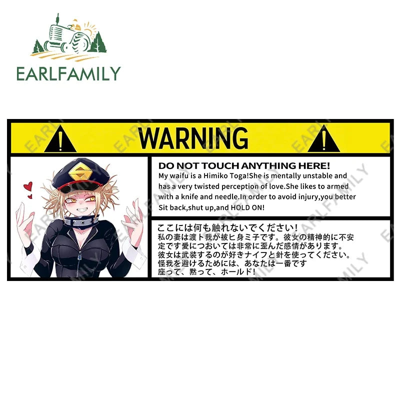 EARLFAMILY 13cm x 7.5cm Himiko Toga Warning Slap Stickers Anime Vinyl Car Sticker Window Decal Car Accessories