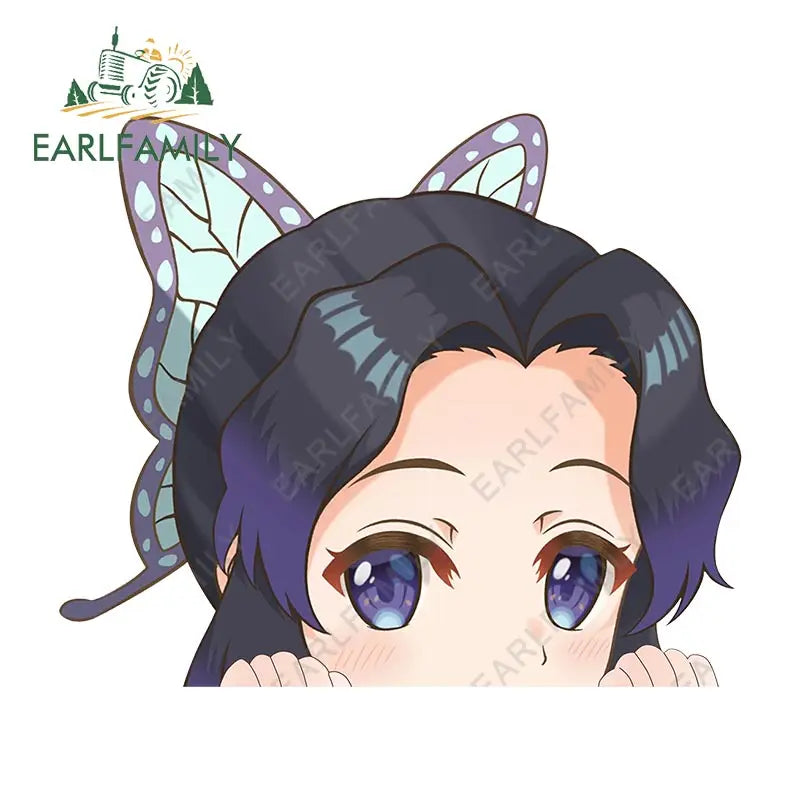 EARLFAMILY 13cm x 6cm Butterfly Dance Peeker Kochou Shinobu Car Sticker JDM Car Door Windows Decal Cartoon Car Accessories