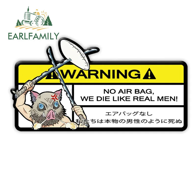 EARLFAMILY 15cm x 5.7cm Cartoon Inosuke Car Sticker for We Die Like Real Men! Warning Decal Anime Car Accessories JDM Stickers