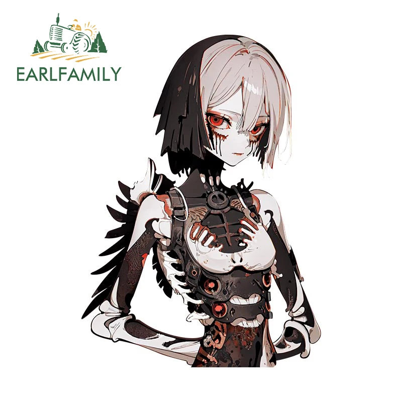 EARLFAMILY Mechanical Skeleton Girl Car Sticker Original Gothic Skull Decal JDM Creative Graffiti Waifu Stickers