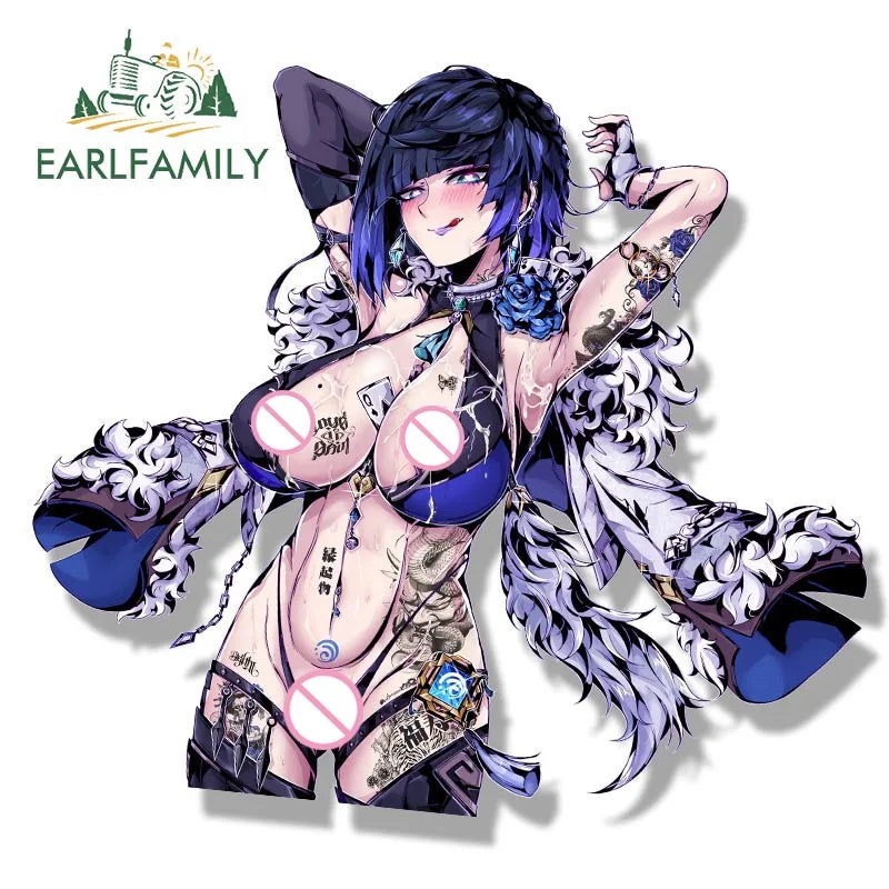 EARLFAMILY Ahegao Yelan Fanart Car Sticker Anime Genshin Impact Waifu Heart Eyes Decal JDM Cartoon Peeker Girl Graffiti Stickers