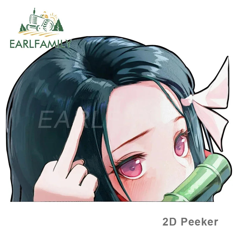 EARLFAMILY Cartoon Car Sticker for Nezuko Kamado Peeker Big Head Anime Vinyl JDM Rear Windshield Trunk Stickers